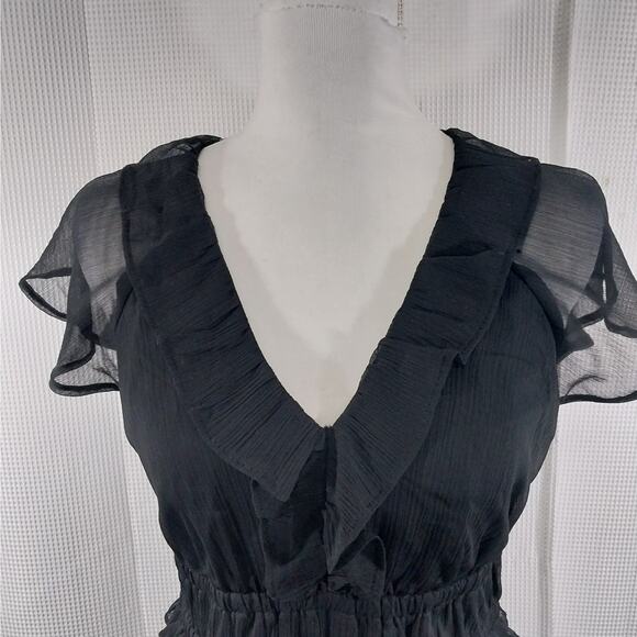 OLD NAVY! SHEER BLACK SCRUNCHY TEXTURED CHIFFON RUFFLED HEM/NECK DRESS! SZ M - Picture 5 of 11